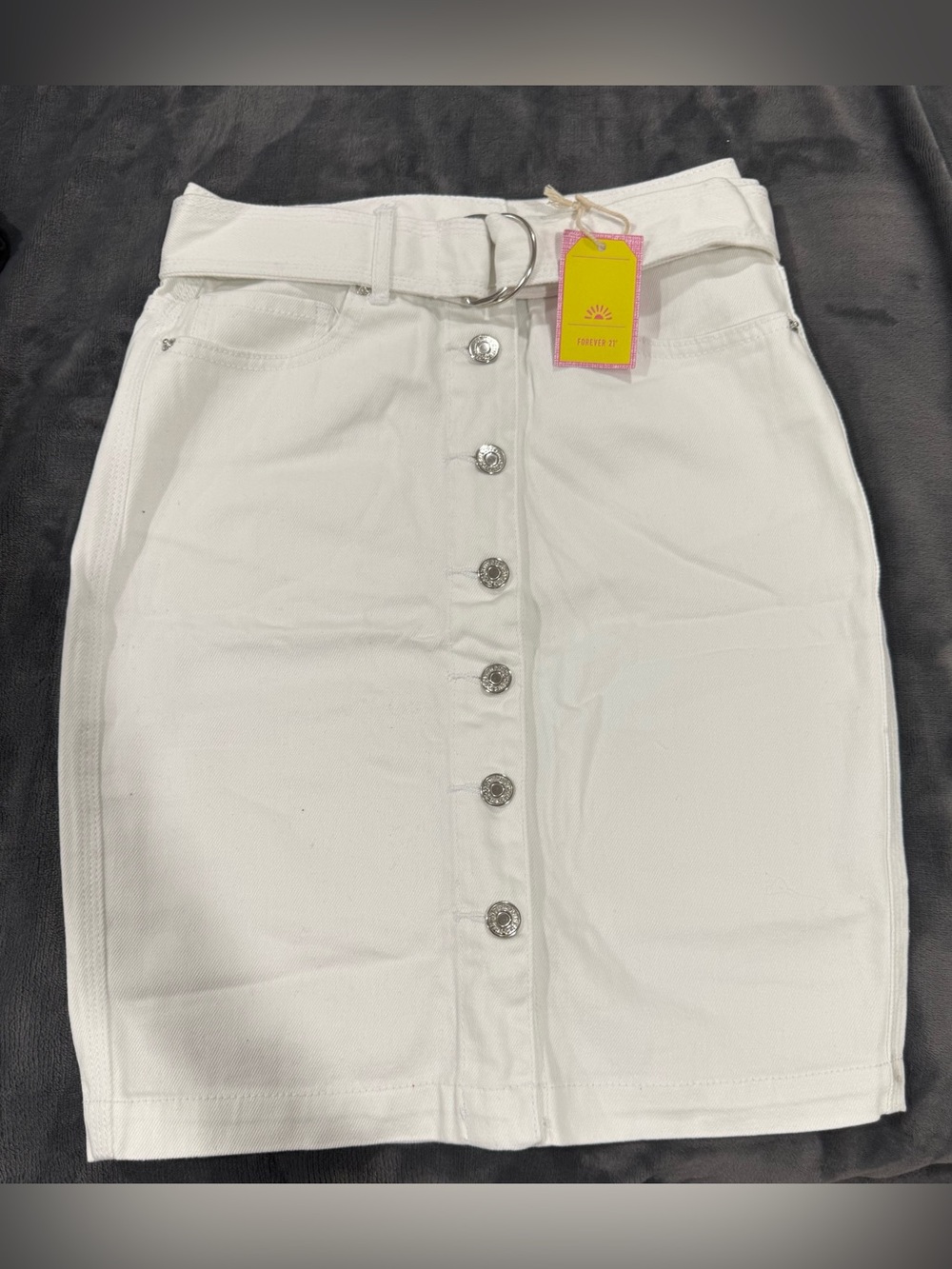 Forever 21 White Button-Front Mini Skirt with D-Ring Belt